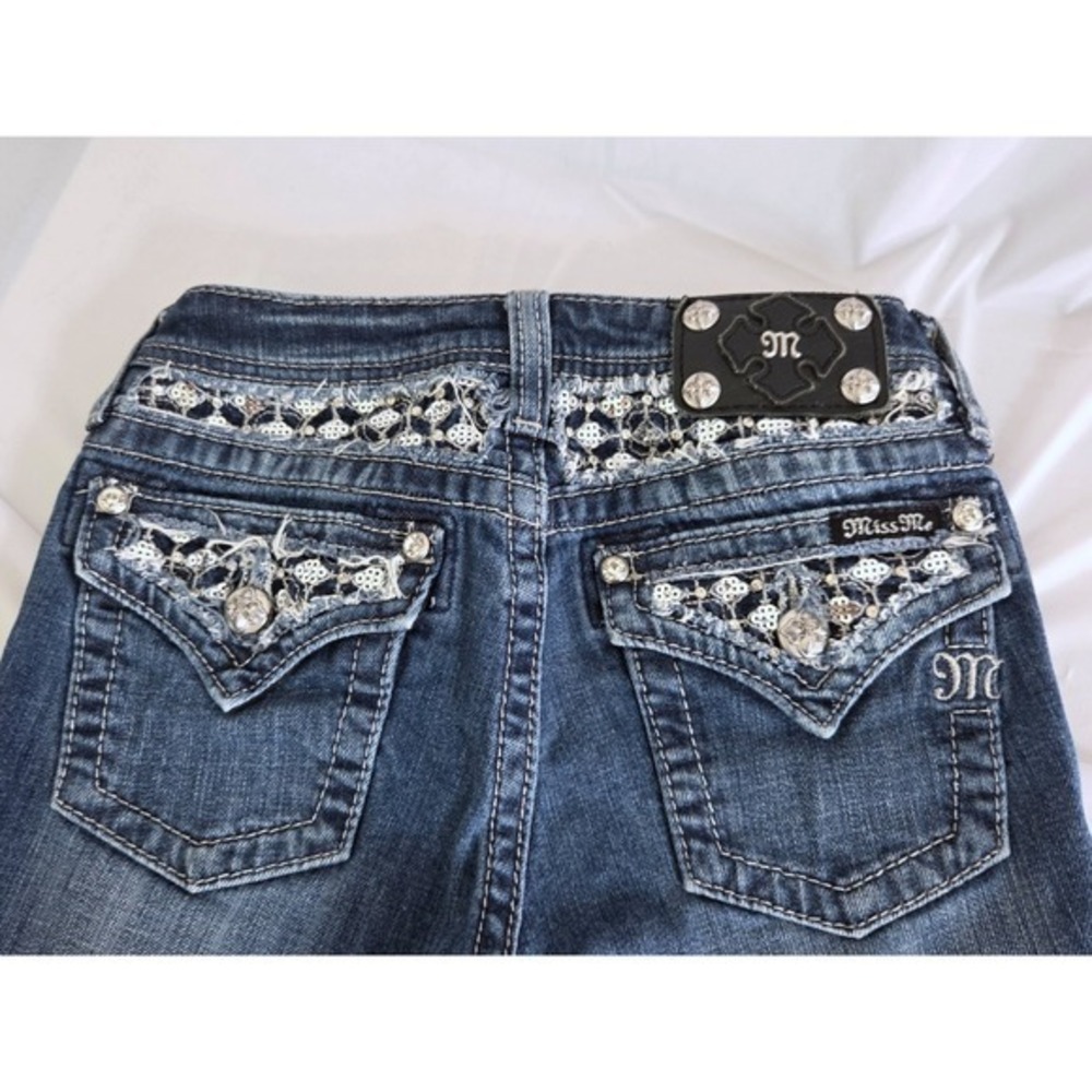 Miss Me Girls Skinny Jeans Size 14 Medium Wash Sequin Lace Flap Pocket JK6211S